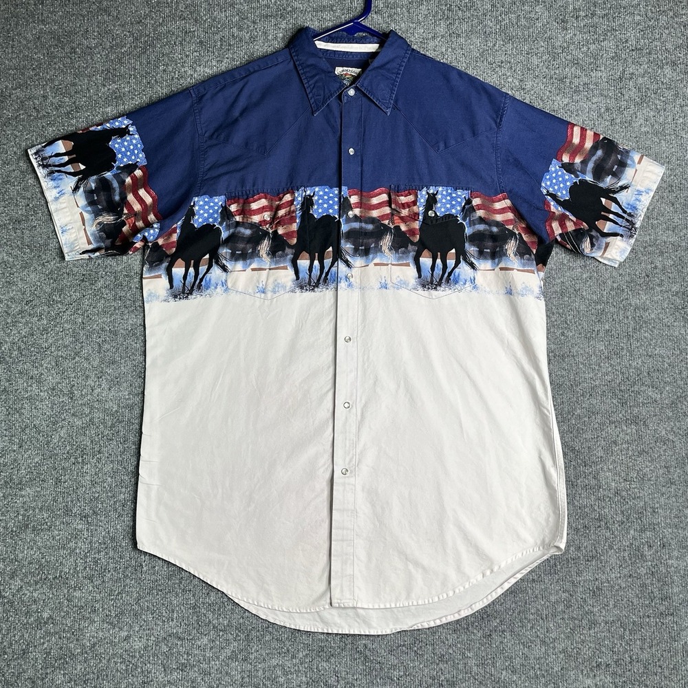 Cumberland Outfitters Short Sleeve Pearl Snap USA Flag Horse Stallion Men's XL
